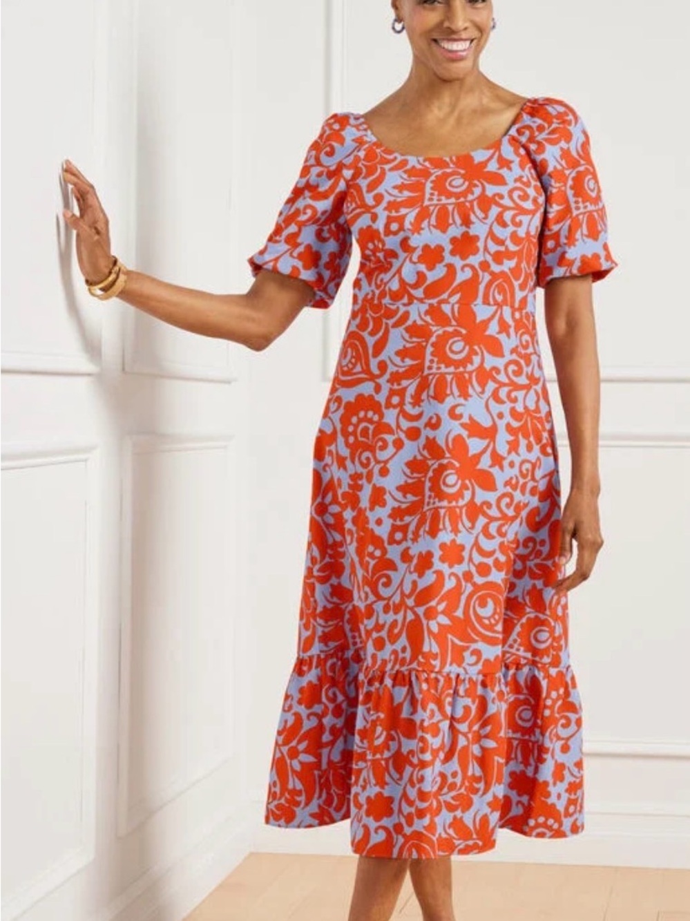 Talbots Orange and Light Blue Cotton Floral Midi Dress